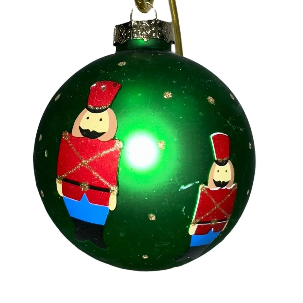 Vintage Set Of‎ 5 Green Christmas Ornaments Snowman Santa Soldier Glass Balls